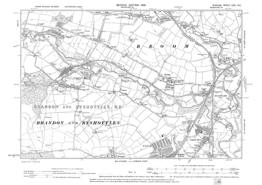 Old OS map dated 1898, showing Broom, Langley Moor and Brandon (north) in Durham - 26NE