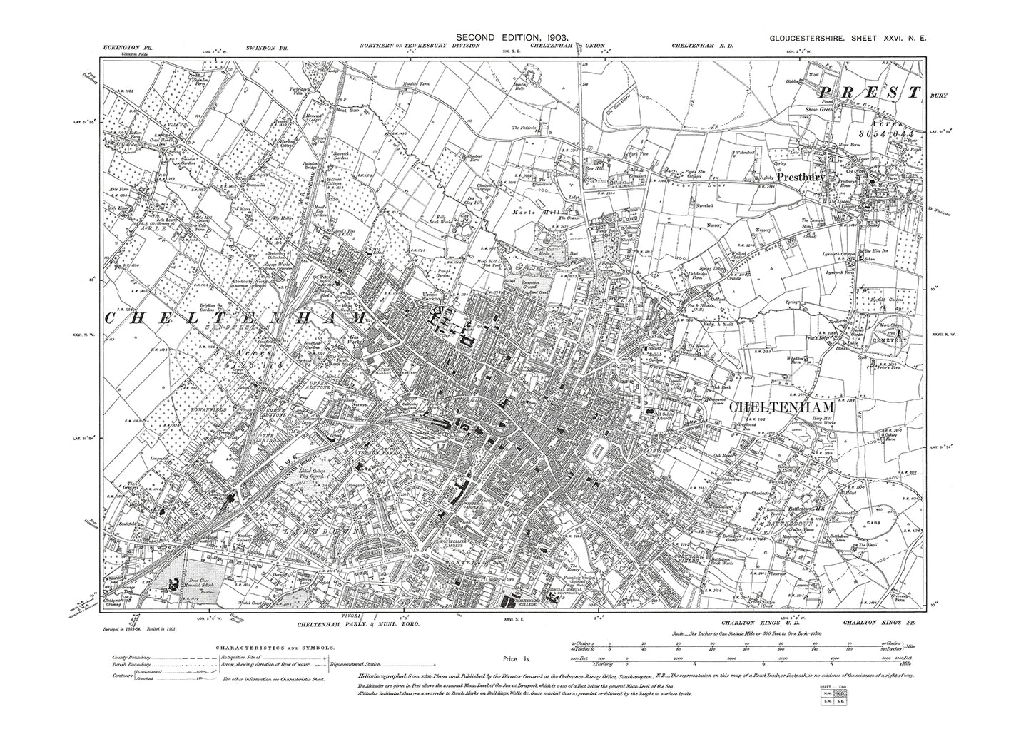 Old OS map dated 1903, showing Cheltenham, Prestbury in Gloucestershire - 26NE