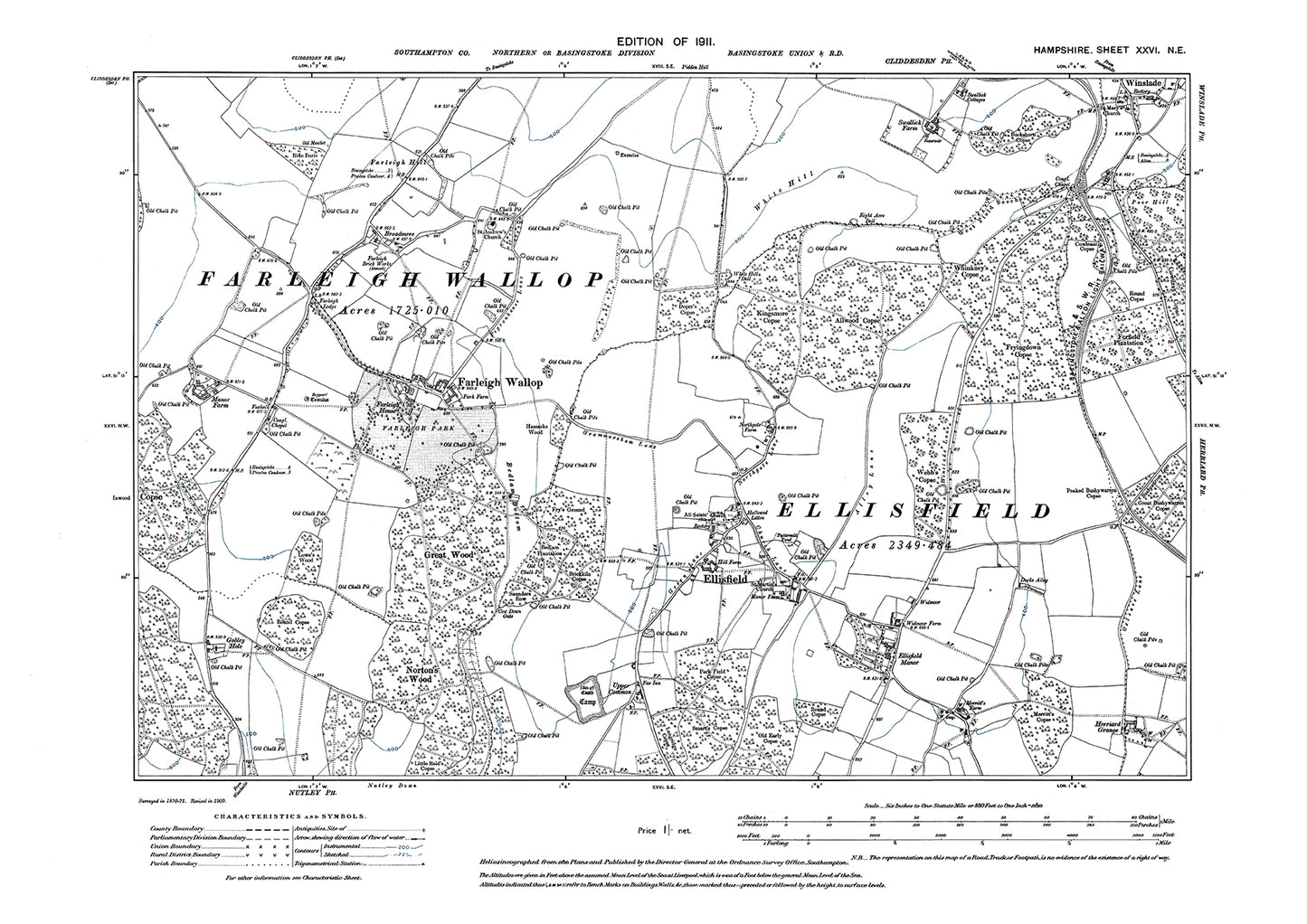 Old OS map dated 1911, showing Farleigh Wallop, Ellisfield, Winslade in Hampshire - 26NE