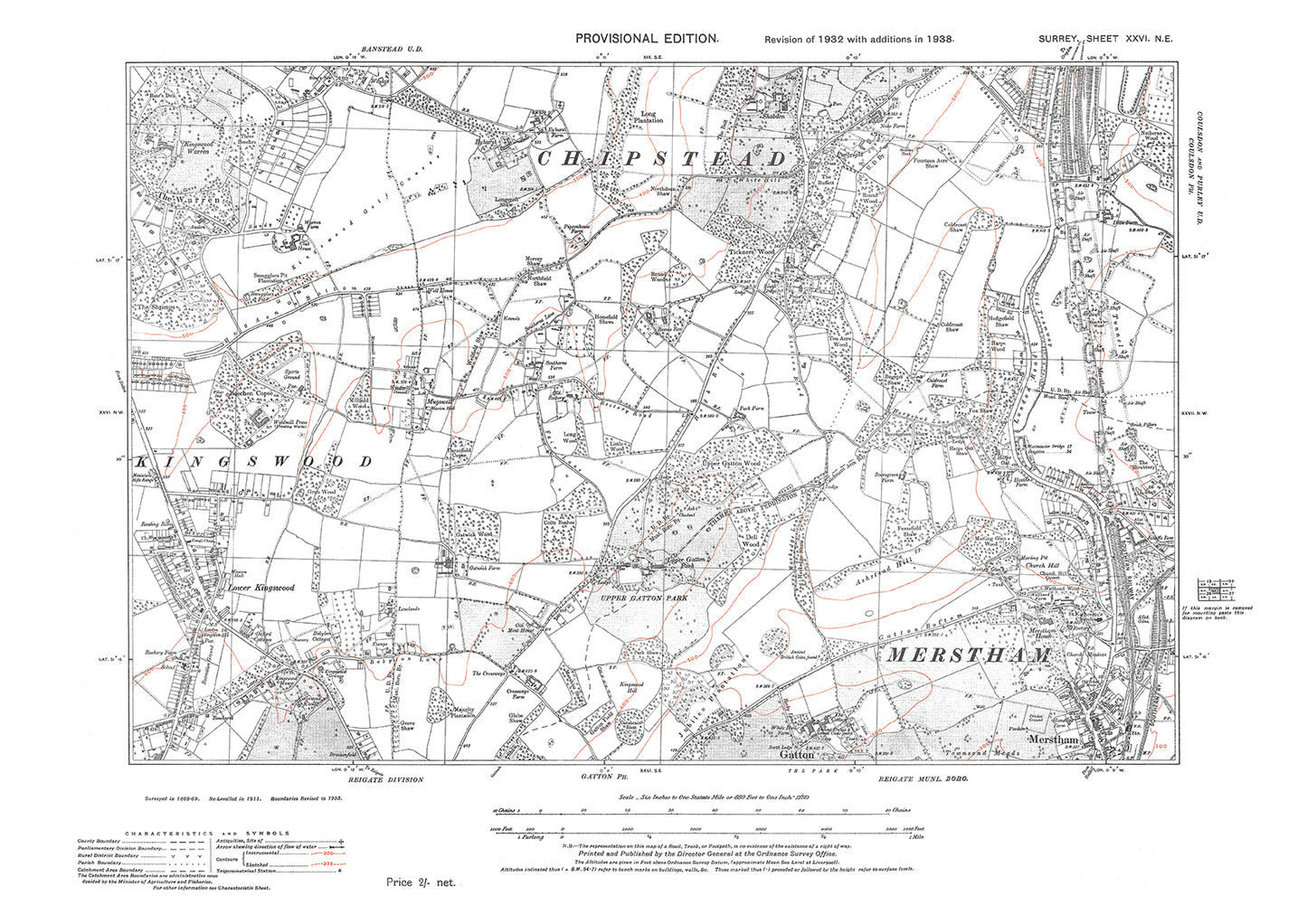 Chipstead (south), Lower Kingswood, Merstham (northwest) old map Surrey 1938: 26NE