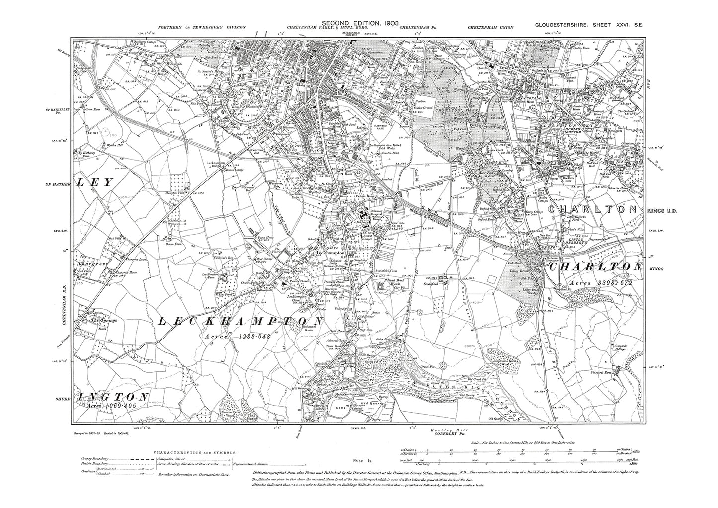 Old OS map dated 1903, showing Cheltenham (south), Charlton Kings, Leekhampton in Gloucestershire - 26SE