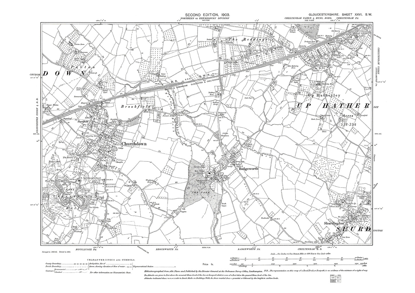 Old OS map dated 1903, showing Up Hatherley, Badgeworth, Churchdown, Shurdlington in Gloucestershire - 26SW