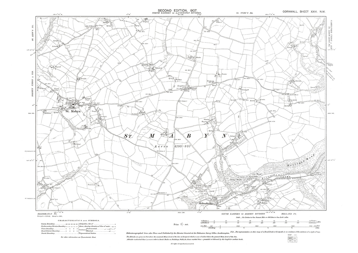 St Mabyn, Hellandbridge, old map Cornwall 1907: 26NW