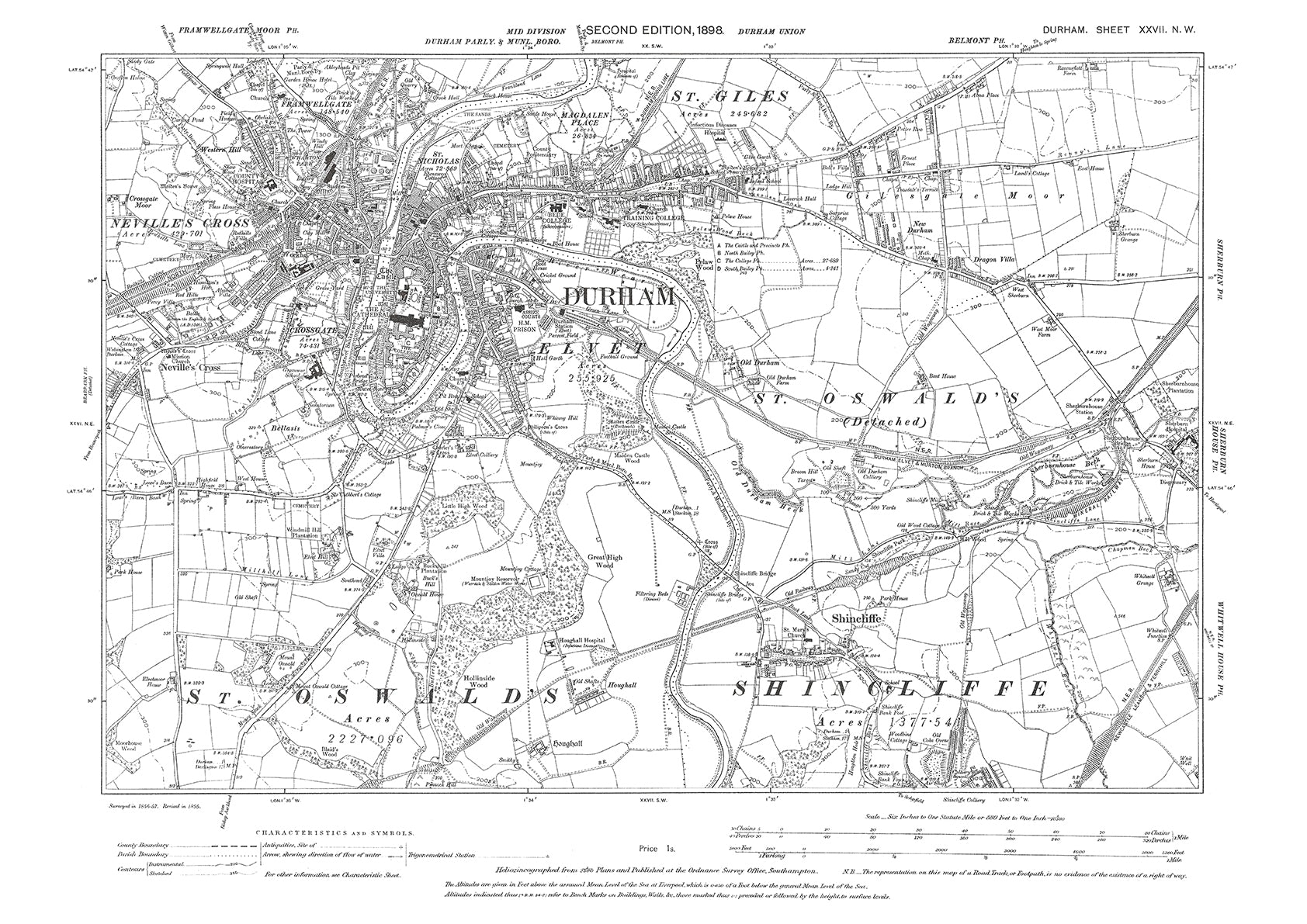 Old OS Map Dated 1898 Showing Durham And Shincliffe In Durham 27NW old-os-map-dated-1898-showing-durham-and-shincliffe-in-durham-27nw