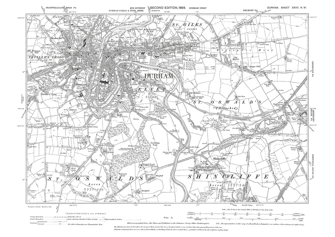 Old OS map dated 1898, showing Durham and Shincliffe in Durham - 27NW ...