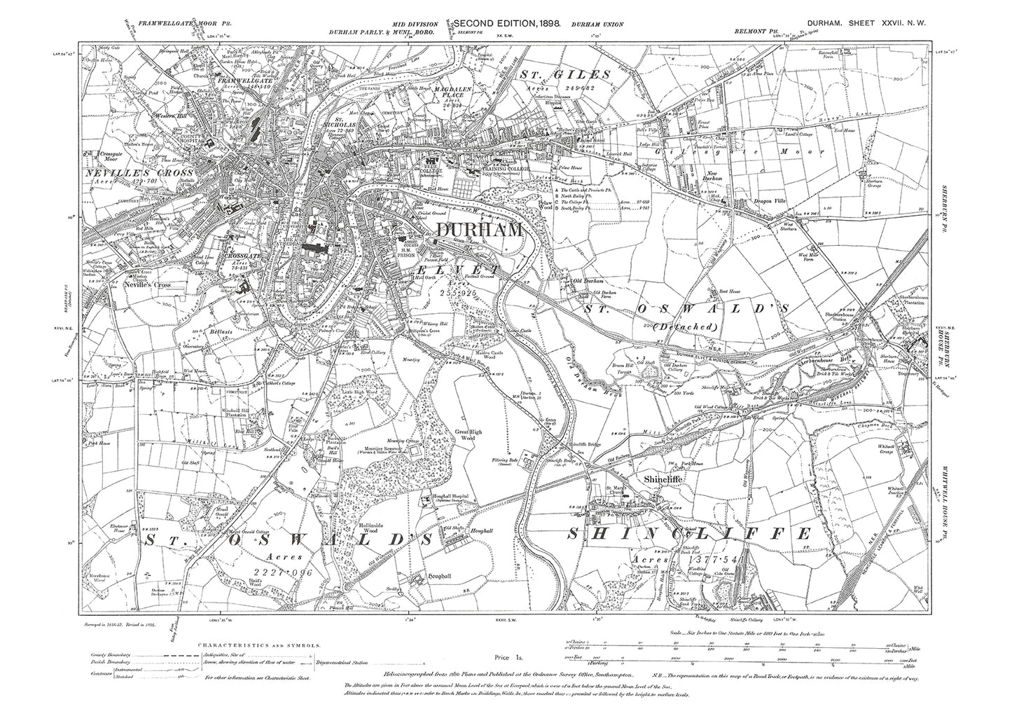 Old OS map dated 1898, showing Durham and Shincliffe in Durham - 27NW