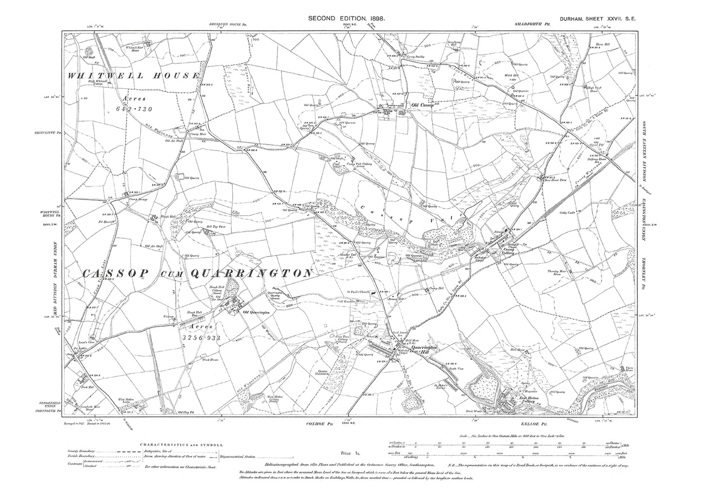 Old OS map dated 1898, showing Cassop and Quarrinton in Durham - 27SE