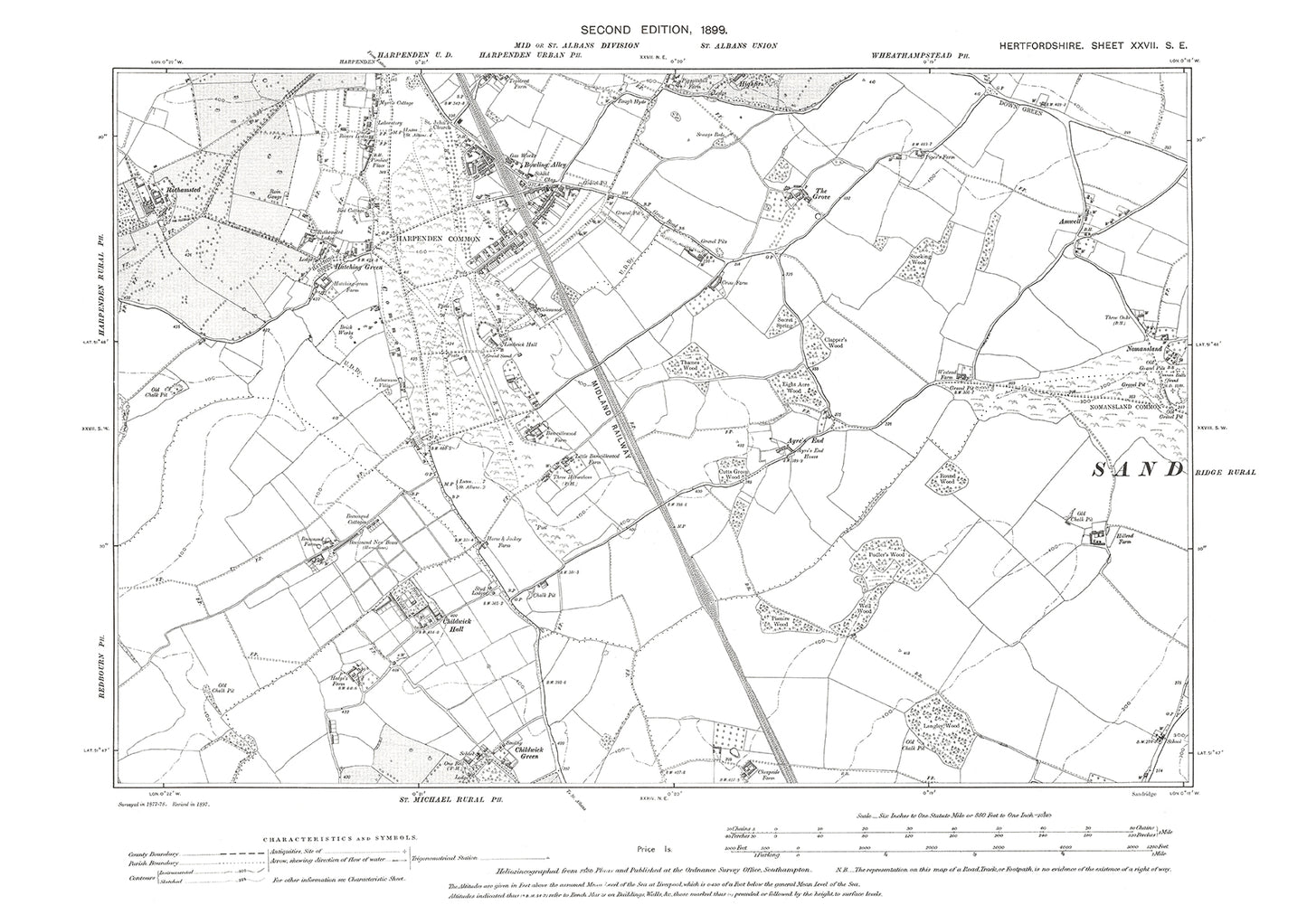 Old OS map dated 1899, showing Harpenden (south) in Hertfordshire - 27SE