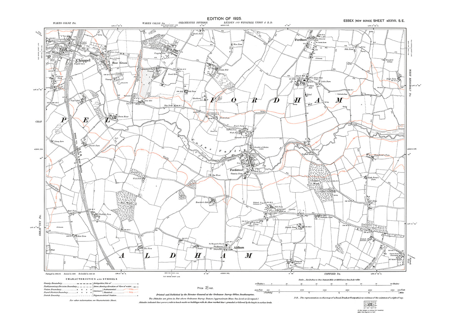 Old OS map dated 1925, showing Chappel, Fordham, Fordstreet and Aldham in Essex - 27SE