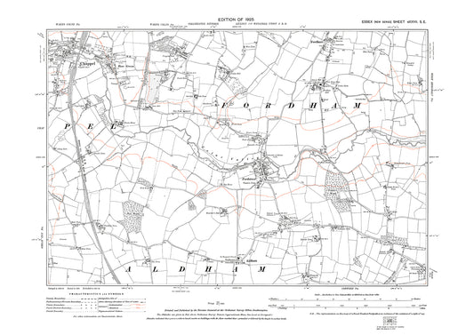 Old OS map dated 1925, showing Chappel, Fordham, Fordstreet and Aldham in Essex - 27SE