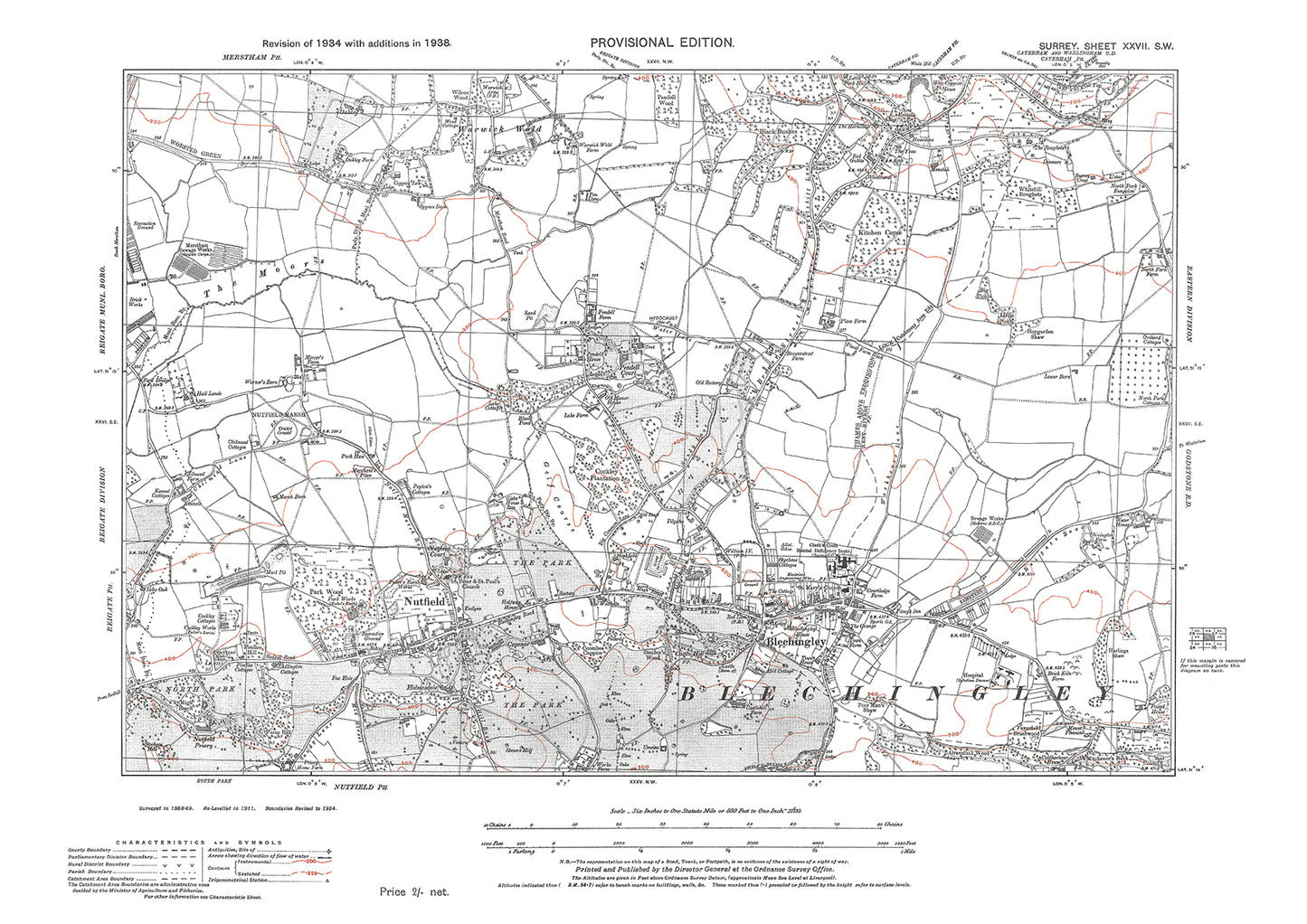 Bletchingley, Nutfield old map Surrey 1938: 27SW