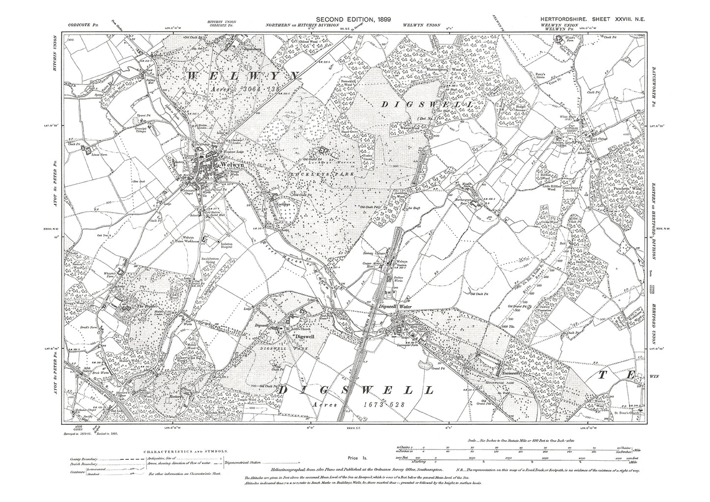 Old OS map dated 1899, showing Welwyn, Digswell Water in Hertfordshire - 28NE