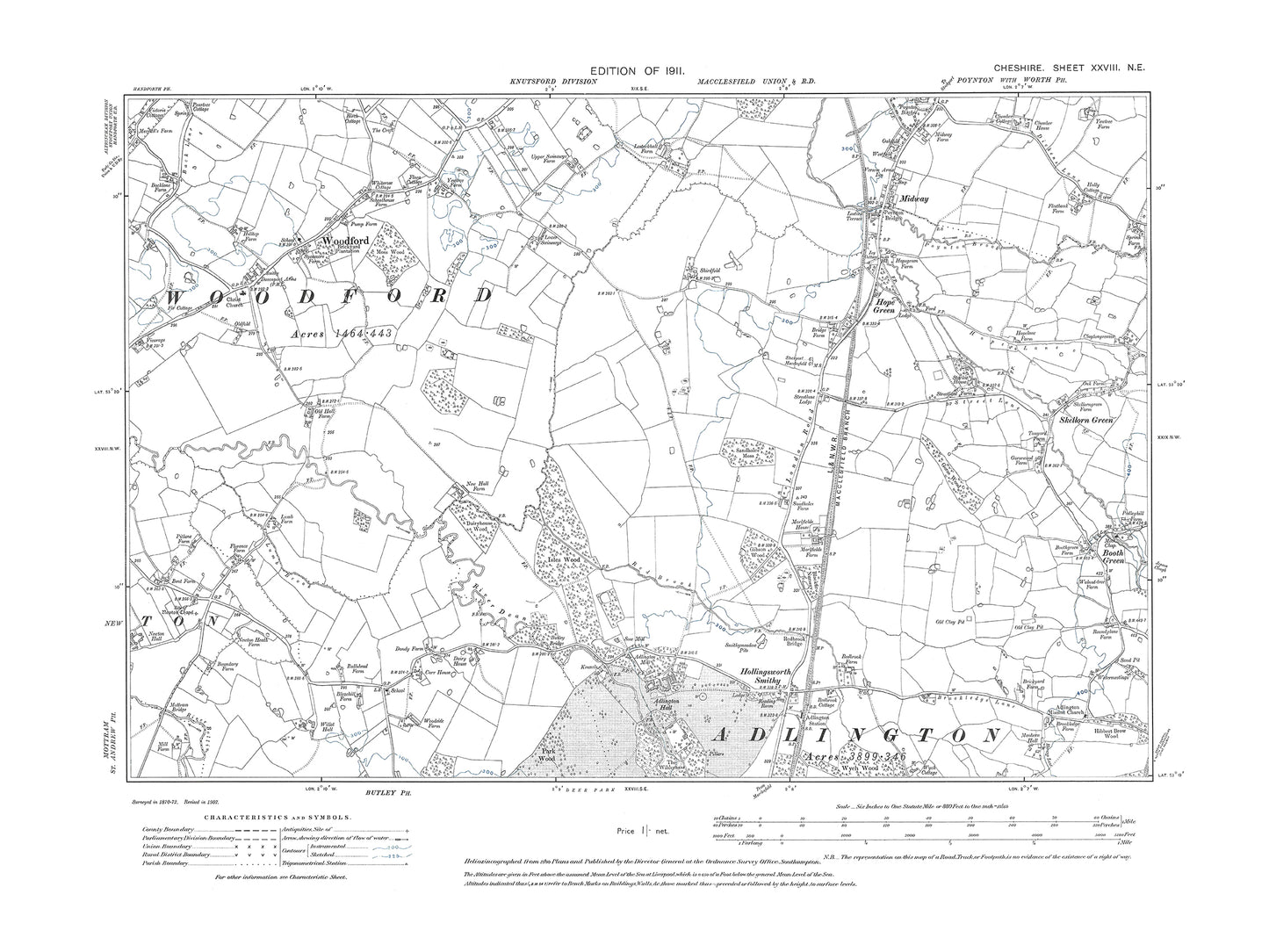 Old OS map dated 1911, showing Poynton (south), Midway, Hope Green, Woodford in Cheshire 28NE