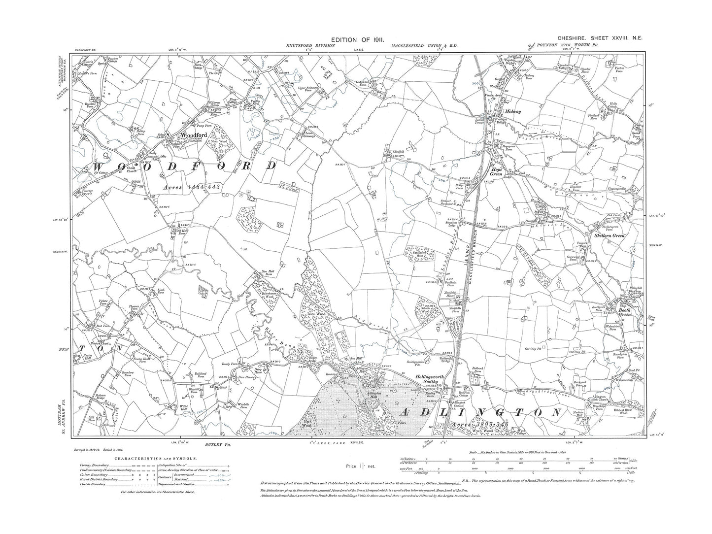 Old OS map dated 1911, showing Adlington (north), Booth Green, Skellorn Green in Cheshire 28NE