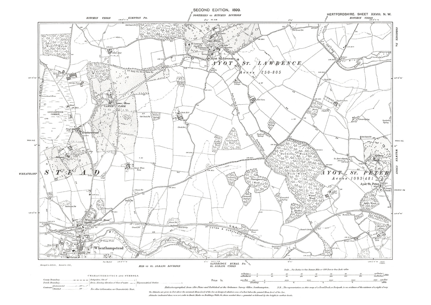 Old OS map dated 1899, showing Wheathampstead (north), Ayot St Lawrence in Hertfordshire - 28NW