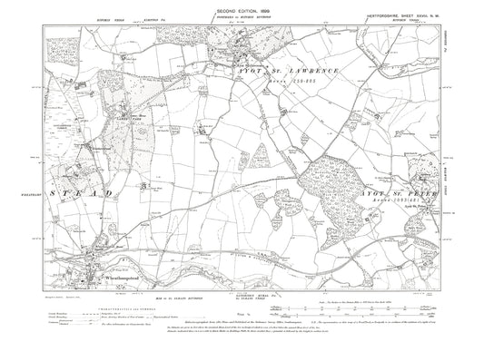 Old OS map dated 1899, showing Wheathampstead (north), Ayot St Lawrence in Hertfordshire - 28NW