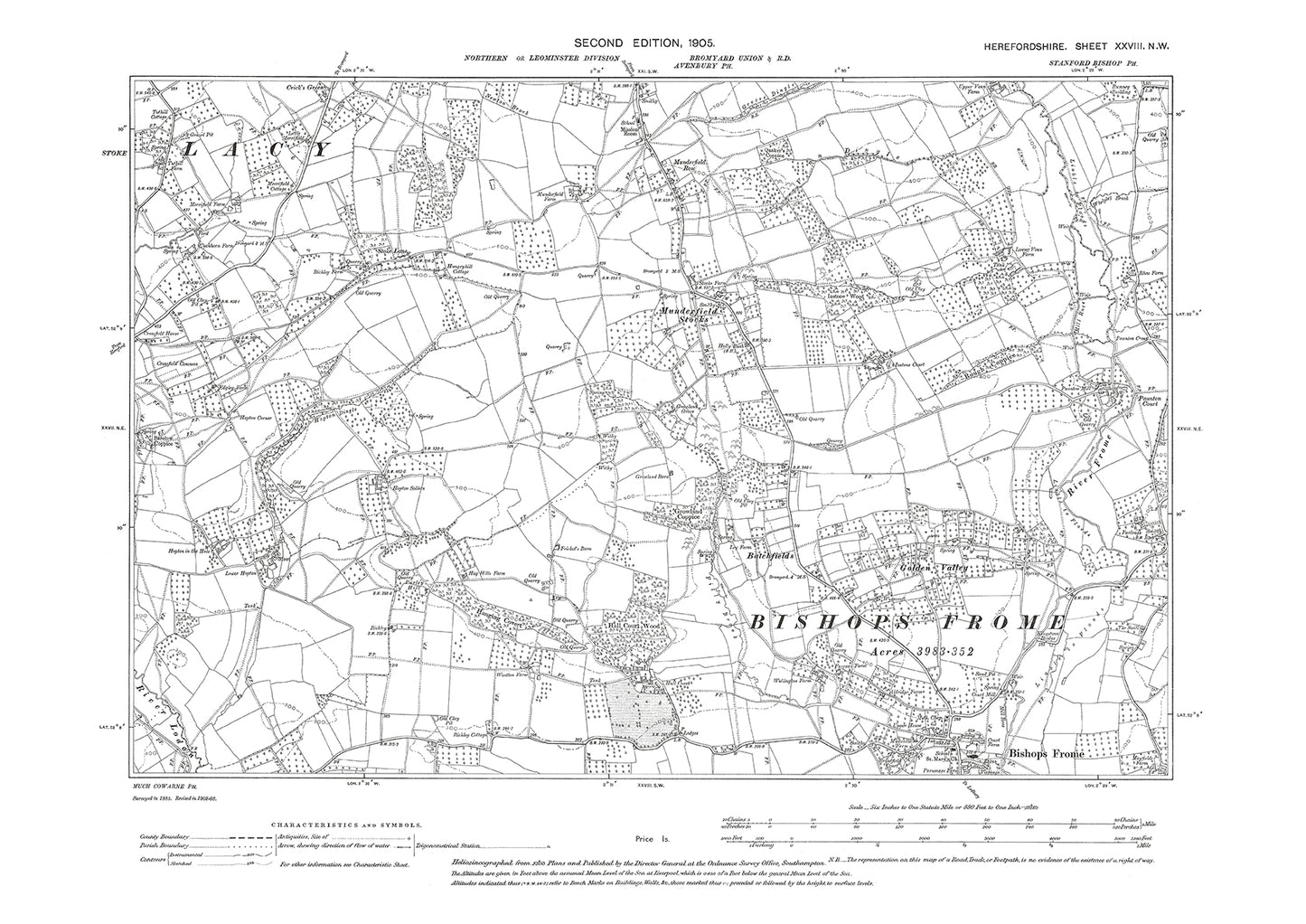 Old OS map dated 1905, showing Stoke Lacy, Bishops Frome in Herefordshire - 28NW