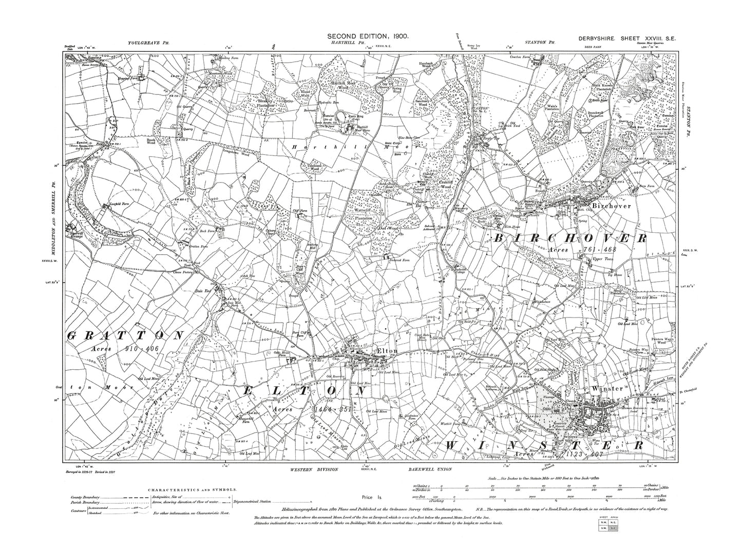 Old OS map dated 1900, showing Elton, Winster, Birchover in Derbyshire 28SE
