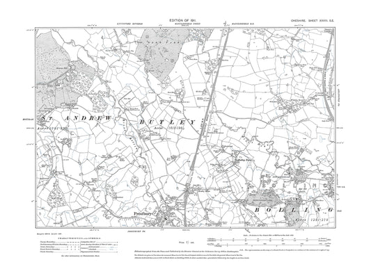 Old OS map dated 1911, showing Prestbury (north), Bollington (west), Butley Town in Cheshire 28SE