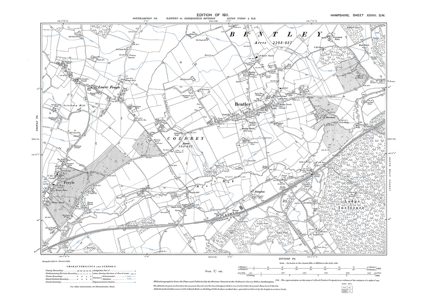 Old OS map dated 1911, showing Froyle, Lower Froyle, Bentley in Hampshire - 28SW