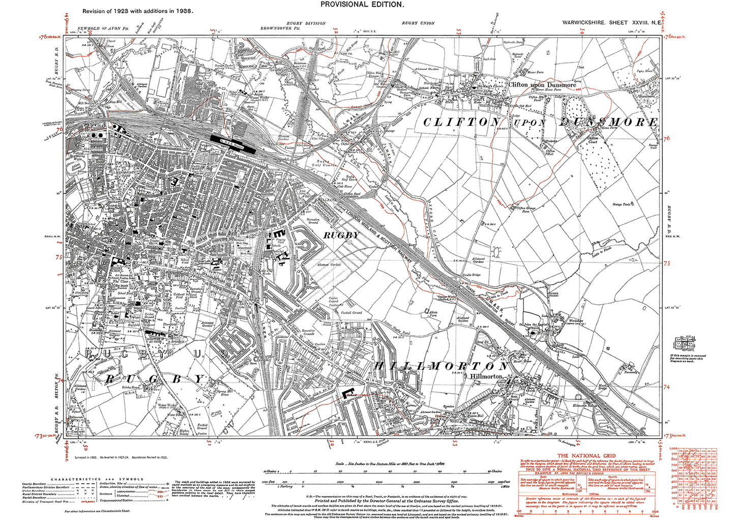 Rugby, Hillmorton, Clifton upon Dunsmore, old map Warwickshire 1938: 28NE