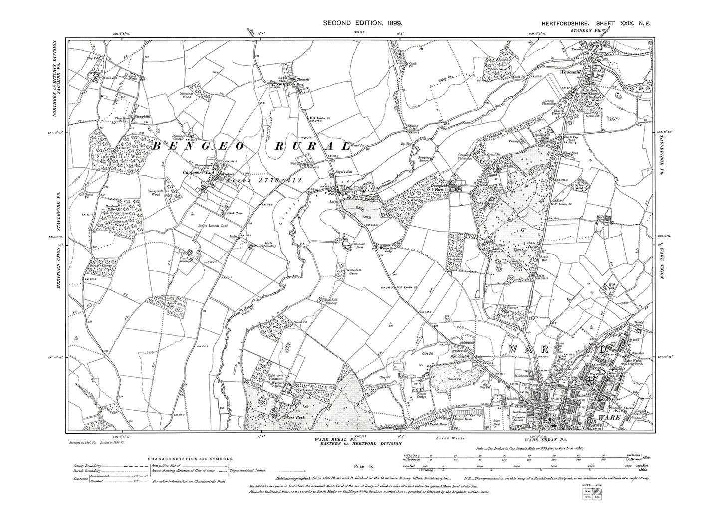 Old OS map dated 1899, showing Ware (north), Wadesmill, Chapmore End in Hertfordshire - 29NE