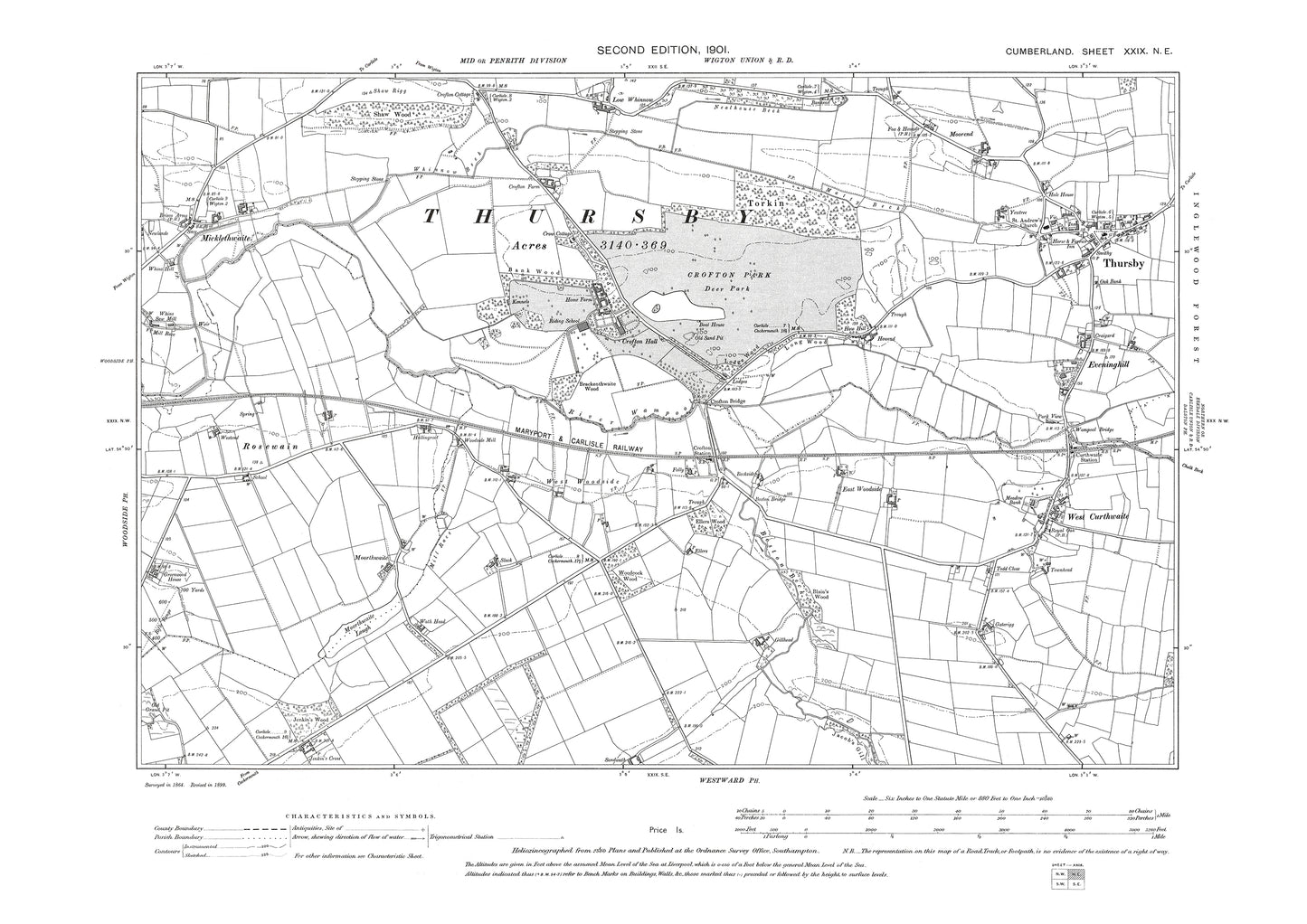 Old OS map dated 1901, showing Thursby, West Curthwaite, Micklethwaite in Cumberland - 29NE