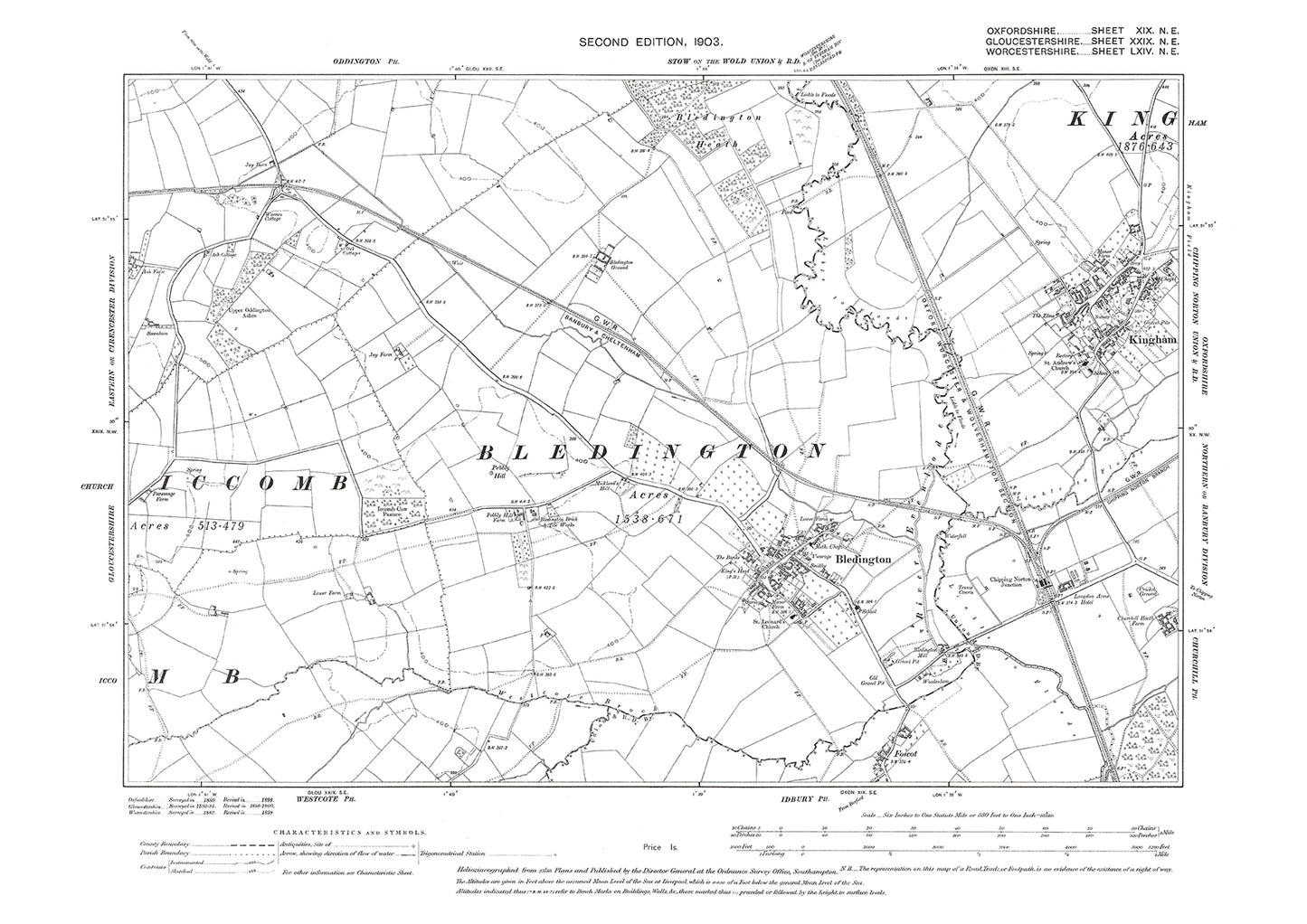 Old OS map dated 1903, showing Bledington in Gloucestershire - 29NE