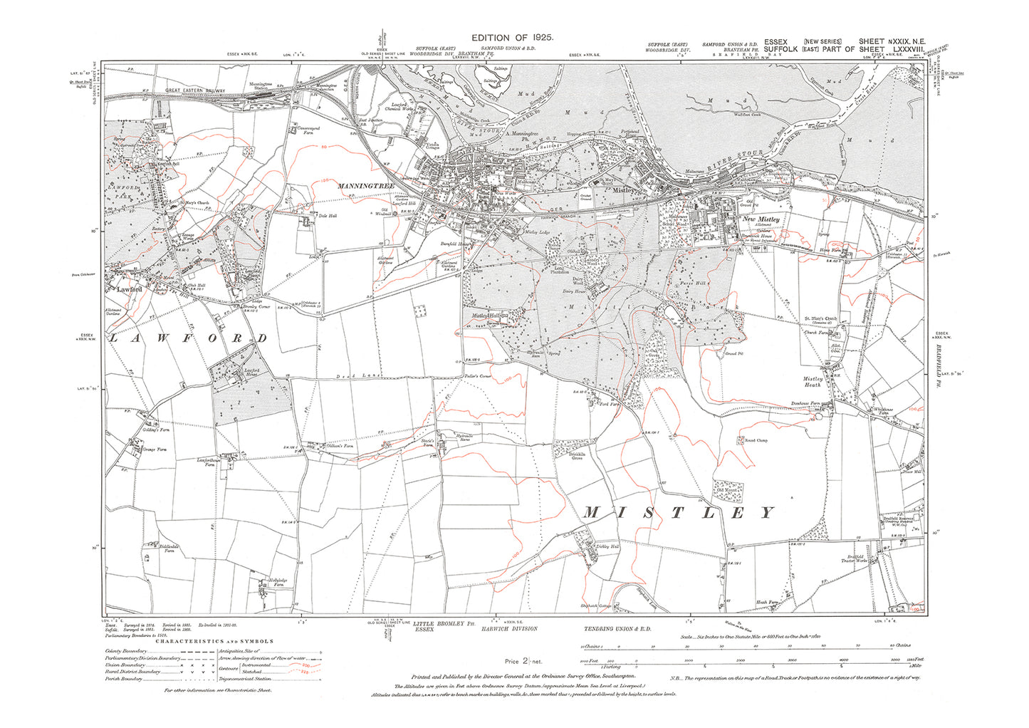 Old OS map dated 1925, showing Manningtree, Mistley, Mistley Heath and Lawford (east) in Essex - 29NE