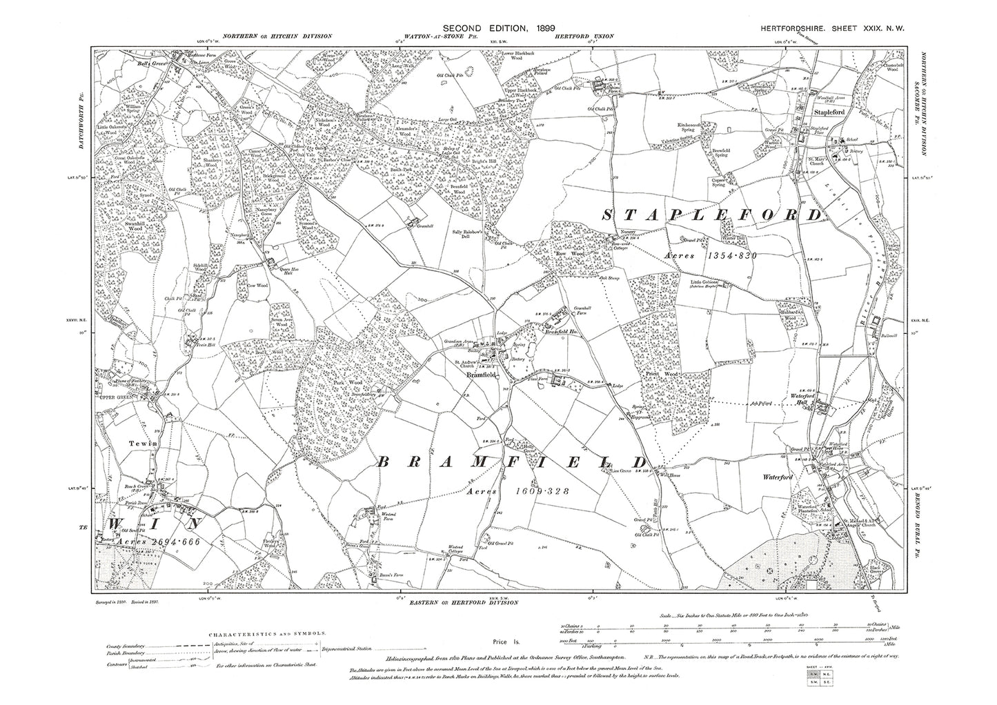 Old OS map dated 1899, showing Stapleford, Waterford, Tewin in Hertfordshire - 29NW