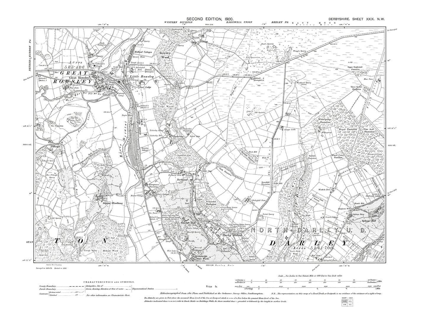 Old OS map dated 1900, showing Great Rowsley, Darley Dale (north) in Derbyshire 29NW