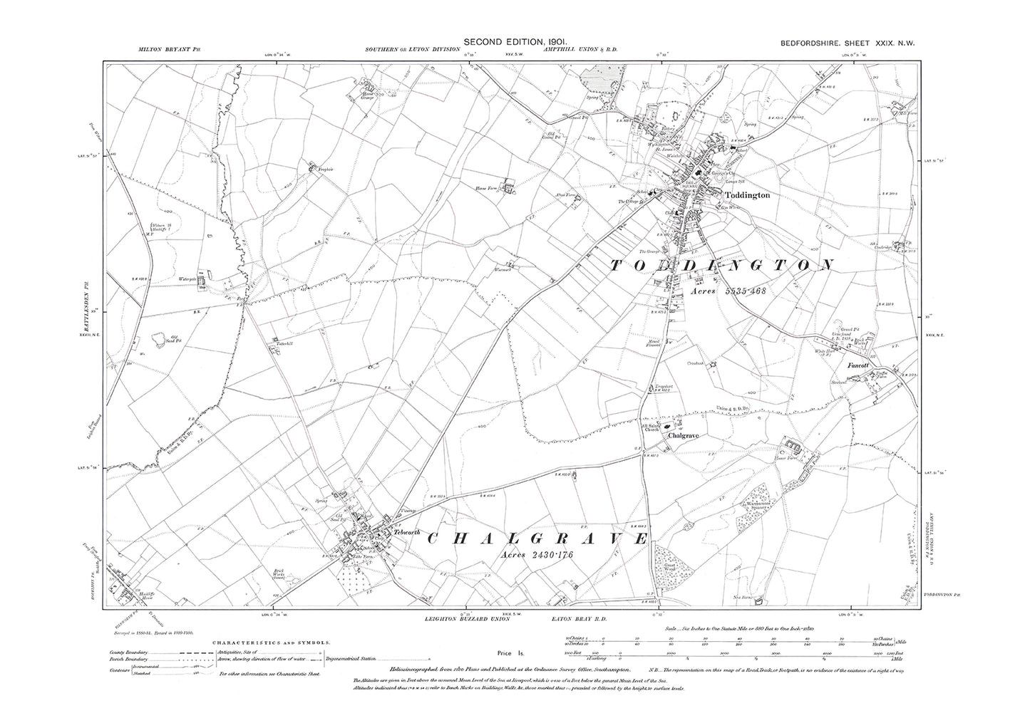 Toddington, Tebworth, old map Bedfordshire 1901: 29NW