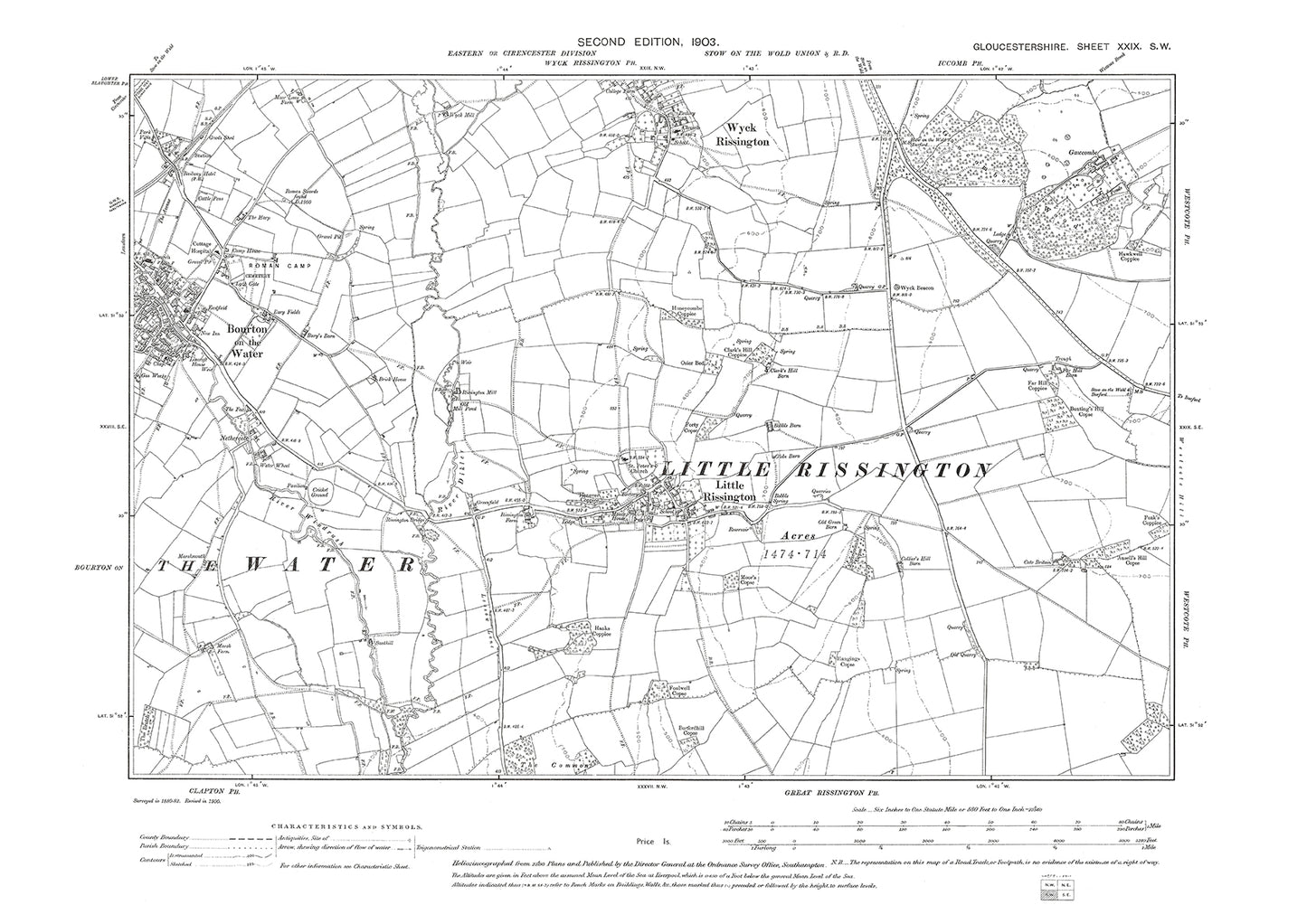 Old OS map dated 1903, showing Bourton on the Water, Wyck Rissington, Little Rissington in Gloucestershire - 29SW