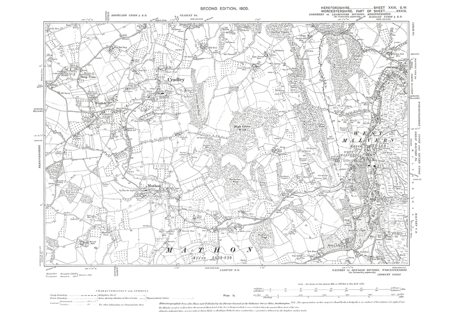 Old OS map dated 1905, showing Mathon, Cradley in Herefordshire - 29SW