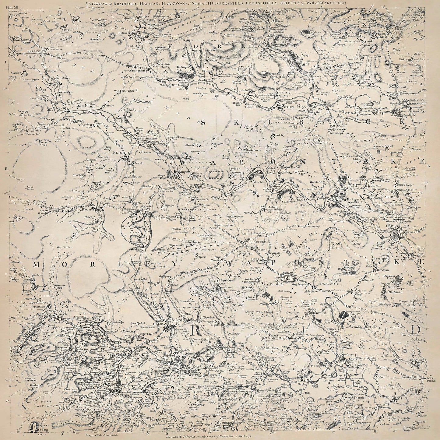 Yorkshire in 1771 sheet 3-2 - shows the Bradford, Halifax, Harewood, Huddersfield (north), Leeds, Otley, Skipton area