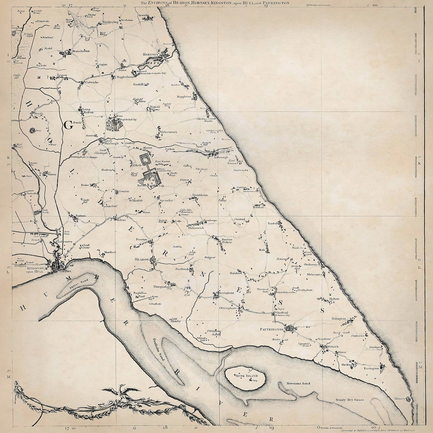 Yorkshire in 1771 sheet 3-5 - shows the Headon, Hornsey, Kingston upon Hull, and Patrington area