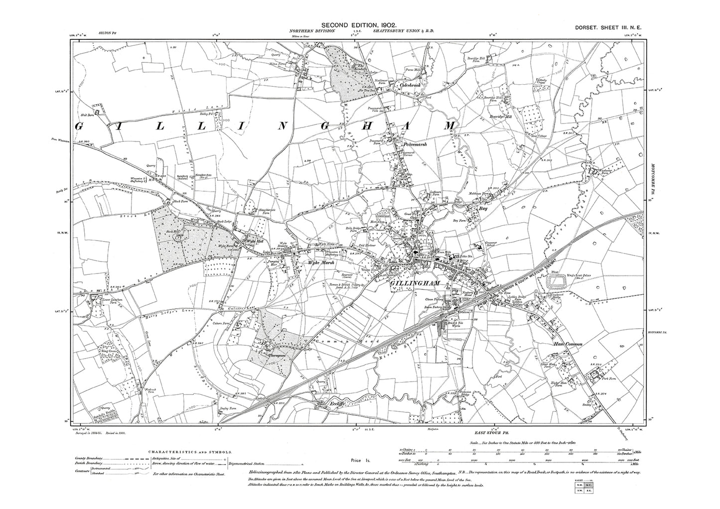 Old OS map dated 1902, showing Gillingham, Milton on Stour (south) in Dorset - 3NE