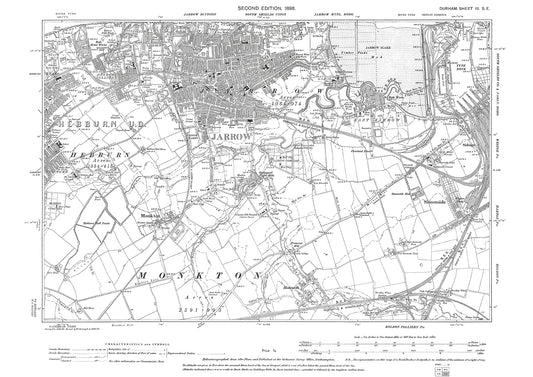 Old OS map dated 1899, showing Jarrow and Hebburn (east) in Durham - 3SE