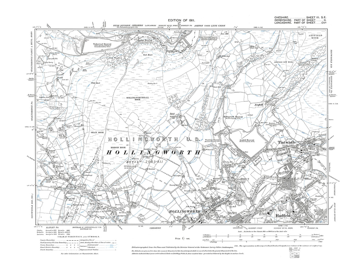 Hadfield Map Old OS map dated 1911, showing Tintwistle, Hadfield (north), Hollingwo ...