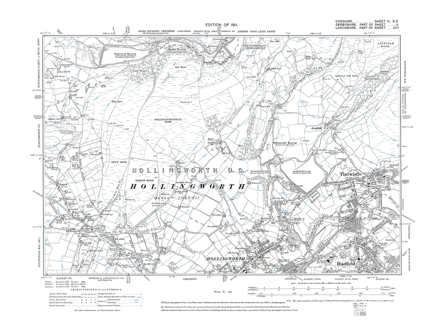 Old OS map dated 1911, showing Tintwistle, Hadfield (north), Hollingworth (north) in Cheshire 3SE