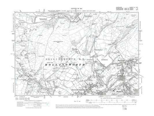 Old OS map dated 1911, showing Tintwistle, Hadfield (north), Hollingworth (north) in Cheshire 3SE