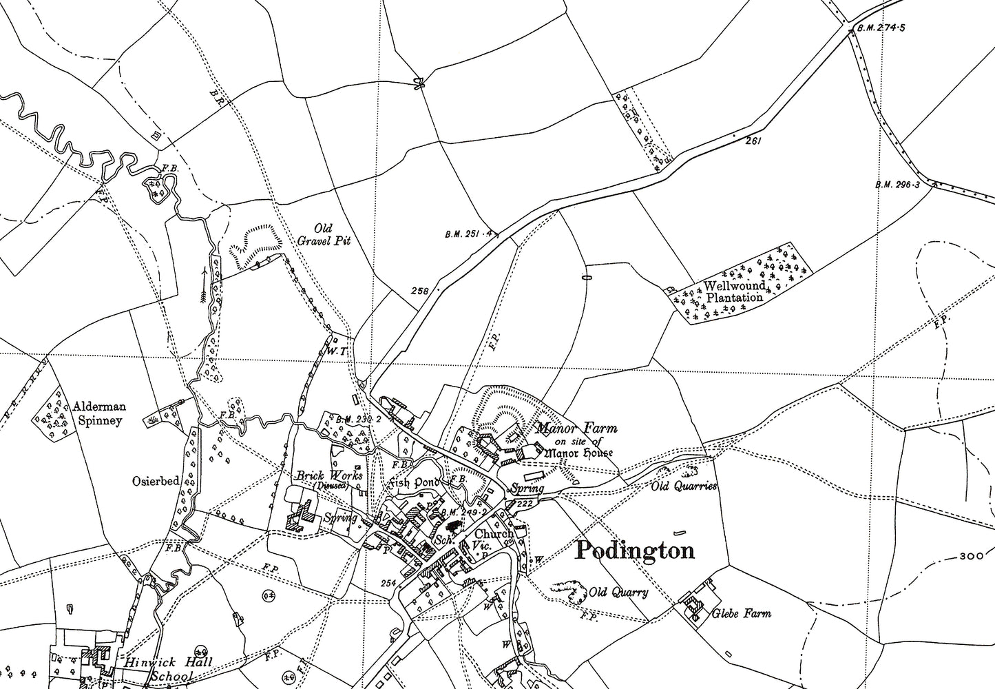 A 1950 map showing Podington, Wymington, Farndish, (Bedfordshire 3SE)