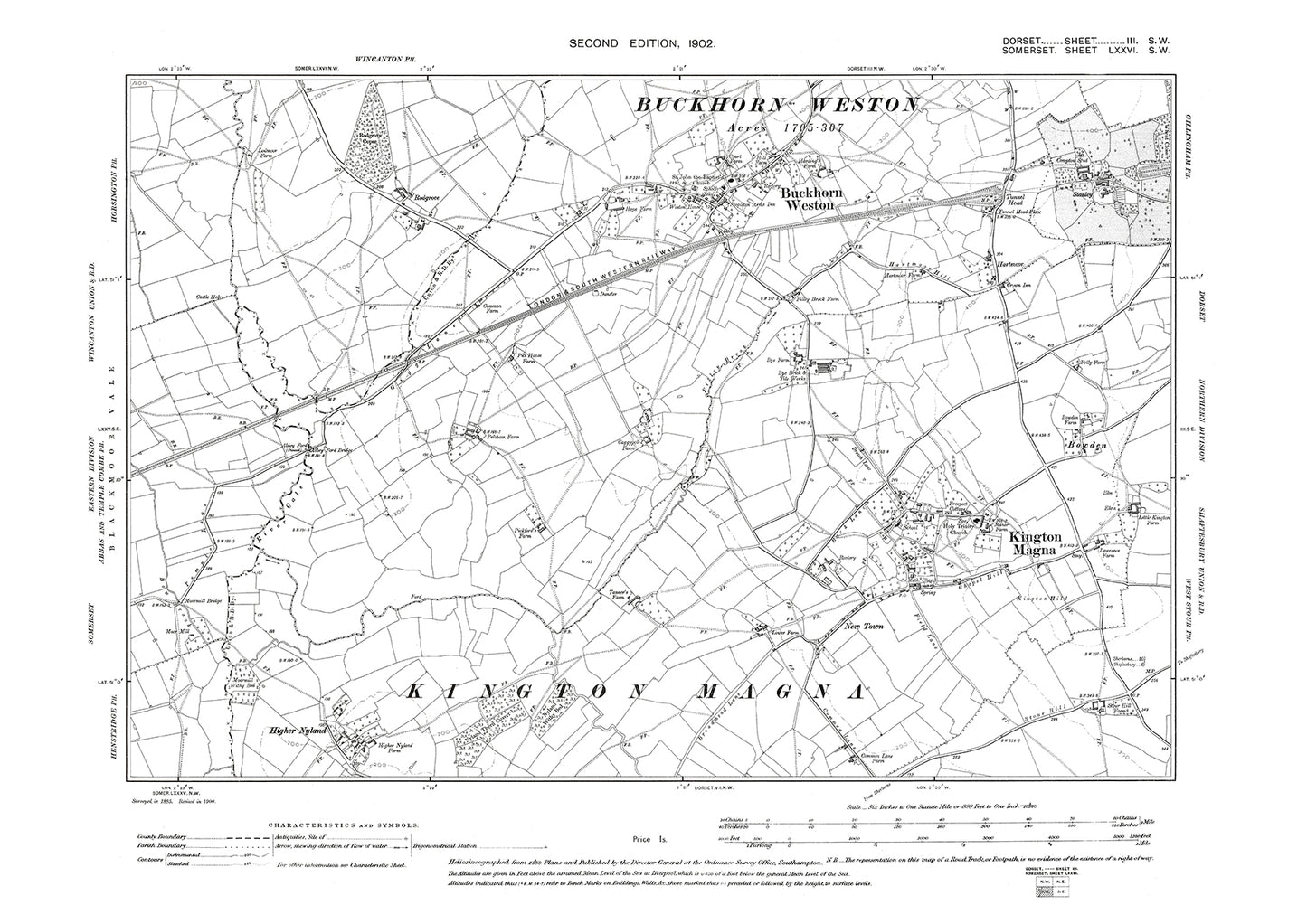 Old OS map dated 1902, showing Buckhorn Weston, Kington Magna in Dorset - 3SW