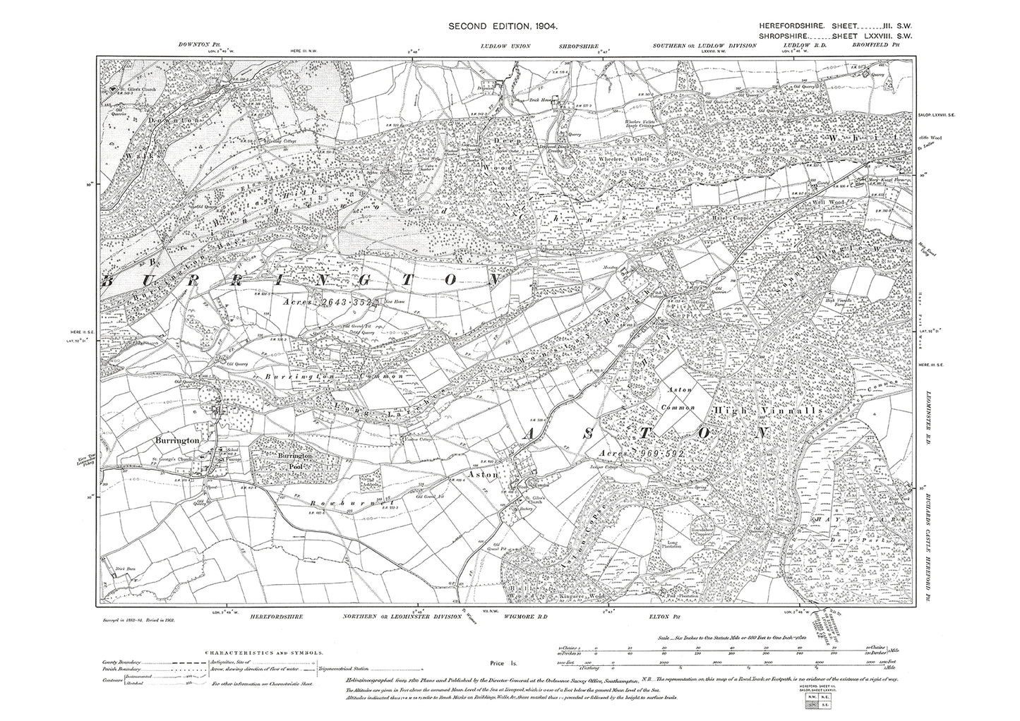 Old OS map dated 1904, showing Burrington in Herefordshire - 3SW