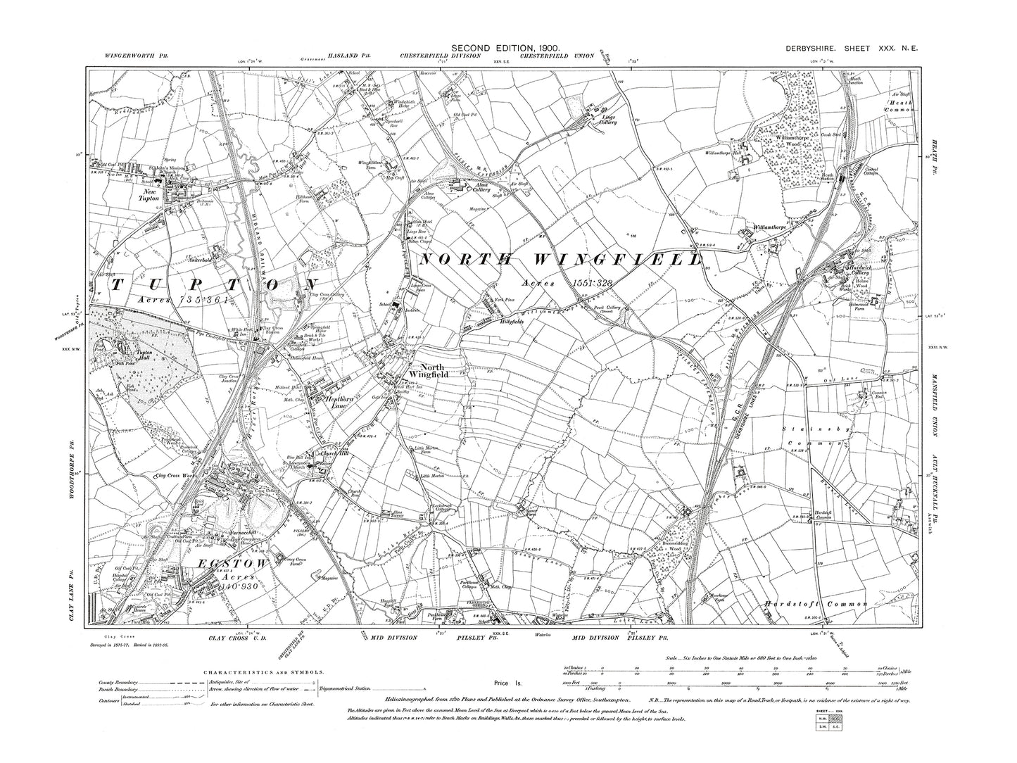 Old OS map dated 1900, showing Clay Cross (north), North Wingfield, New Tupton in Derbyshire 30NE
