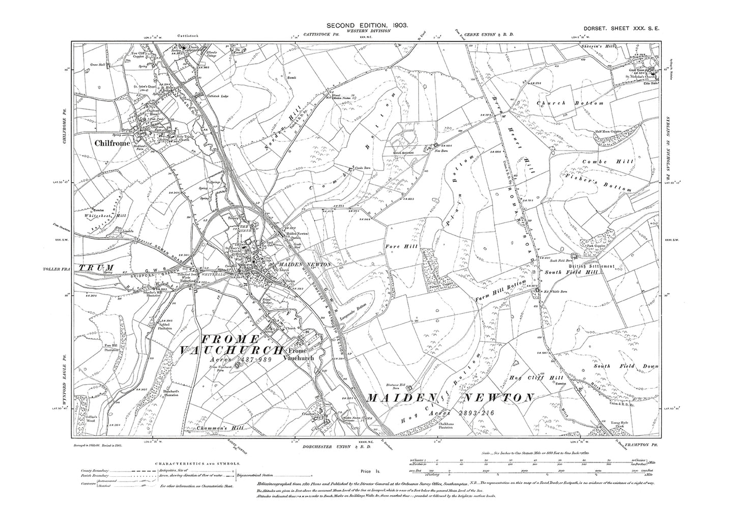 Old OS map dated 1903, showing Maiden Newton, Chilfrome, Frome Vauchurch in Dorset - 30SE