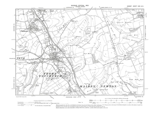 Old OS map dated 1903, showing Maiden Newton, Chilfrome, Frome Vauchurch in Dorset - 30SE