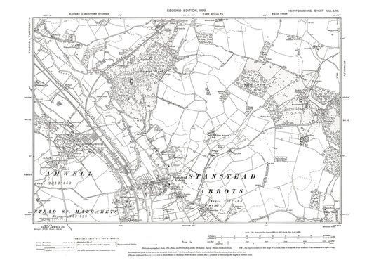 Old OS map dated 1899, showing Stanstead Abbots, Great Amwell in Hertfordshire - 30SW