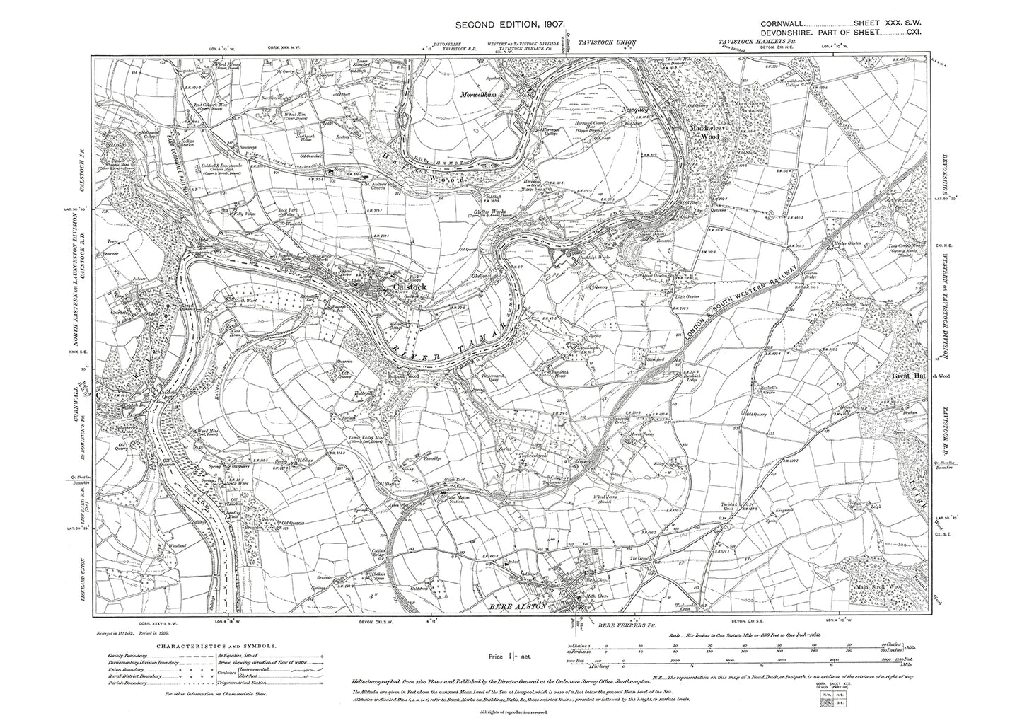 Calstock, old map Cornwall 1907: 30SW