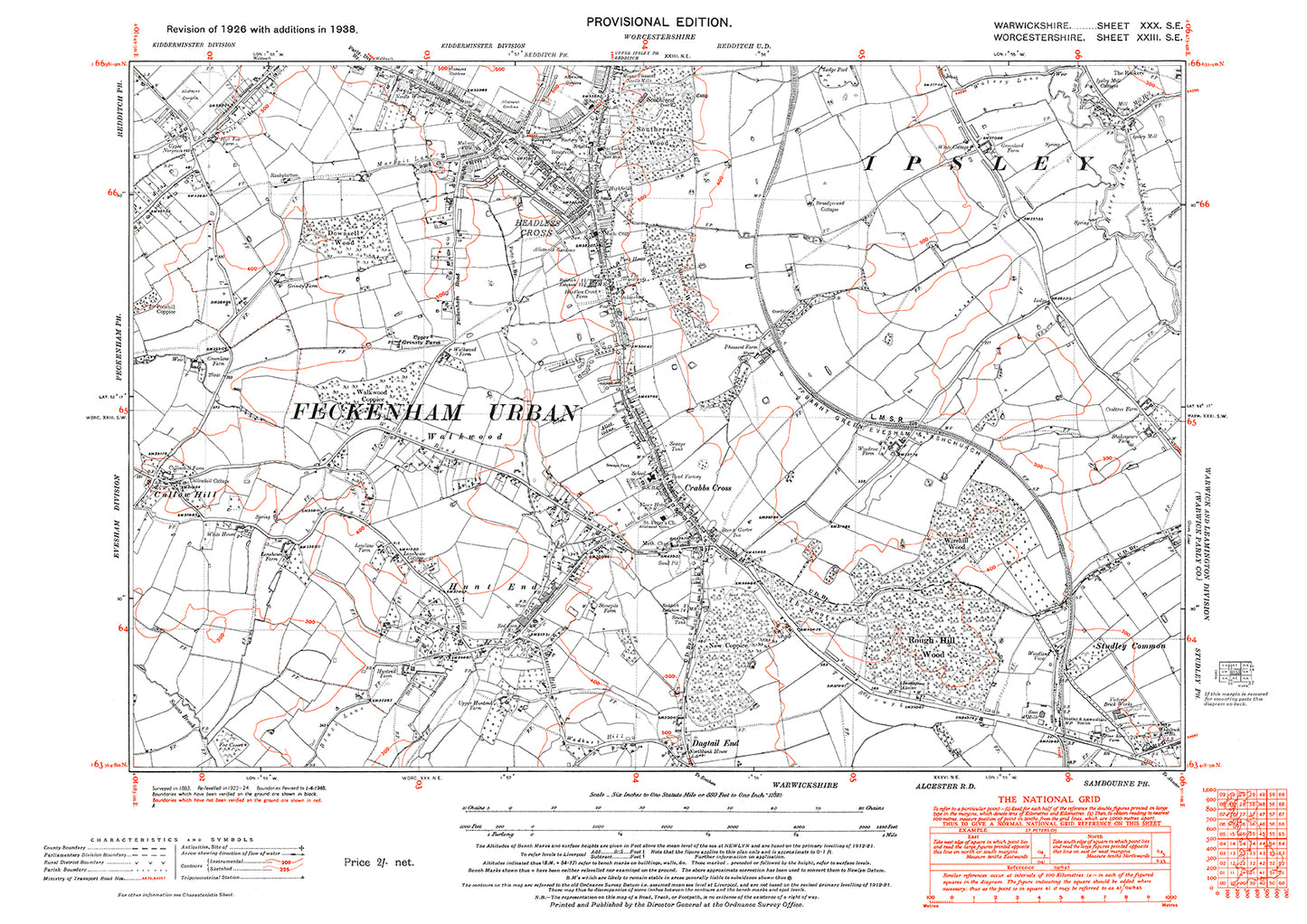 Redditch (south), Headless Cross, Crabbs Cross, Callow Hill, old map Warwickshire 1938: 30SE